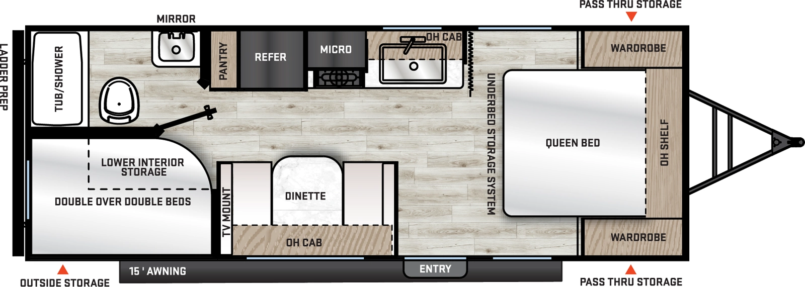 The Aurora 21BH floorplan has one entry and zero slide outs. Exterior features include: metal exterior and 15' awning. Interiors features include: bunk beds and front bedroom.